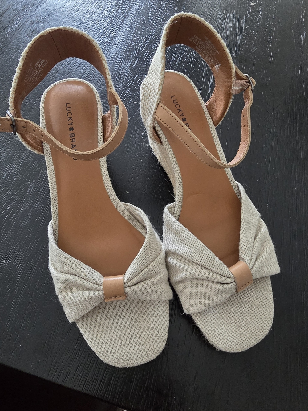 Lucky Brand Cream Bow Espadrille Wedge Sandals with Tan Accents